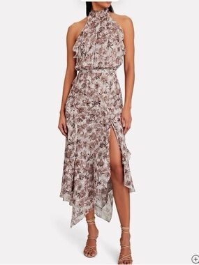 Veronica Beard Floral High-Neck Ruffled Halter Midi Dress in Beige Floral